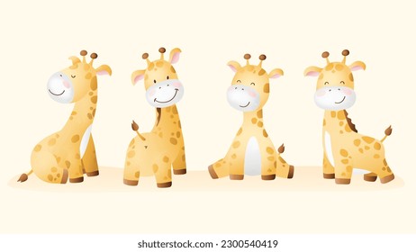 Niños adorables imprimen con poses de Baby Giraffes. Animal Safari. Vida salvaje africana. Caricatura divertida de personajes infantiles para la ducha de bebé, tarjeta de saludo, impresos, invitación, ropa para recién nacido. Vector aislado