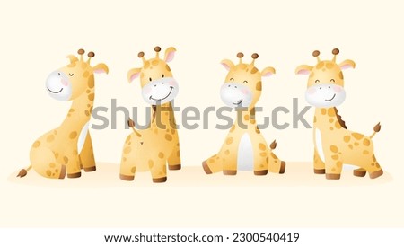 Adorable kids print with Baby Giraffes poses. Safari animal. African wildlife. Funny cartoon childish characters for baby shower, greeting card, print, invitation, clothes for newborn. Isolated vector