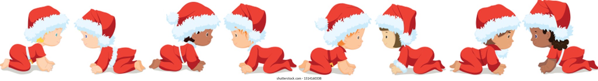 Adorable kids with Santa costumes, smiling. Boy and girl are friends. Christmas carnival. Socialization, Infancy. Children crawl. They crawling and look at each other. Vector, isolated.