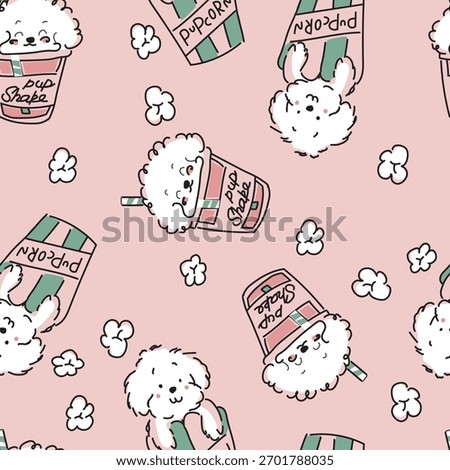 Adorable kids seamless pattern. cute popcorn puppies inside popcorn cups, playful kernels. Perfect for children’s apparel, baby clothing, pajamas, nursery decor, stationery, and surface design project