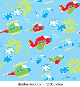 Adorable kids seamless pattern with planes and helicopters. Vector illustration