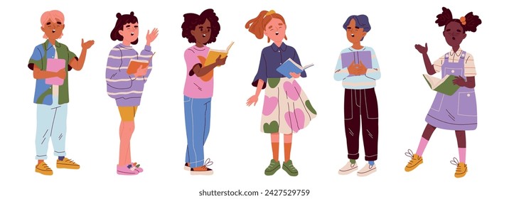 Adorable kids singing in unison, forming a diverse choir from a music school. Flat vector illustrations of talented boys and girls showcasing their vocal skills, isolated on a white background