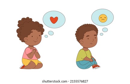 Adorable kids sitting on floor expressing different emotions with speech bubbles set cartoon vector illustration