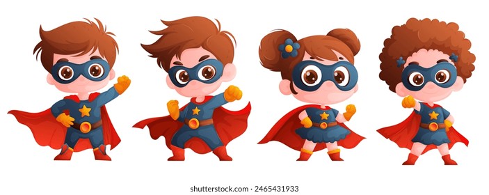 Adorable kids superheroes in costumes with capes - boys and girls wearing masks and red capes - perfect illustration for children's books