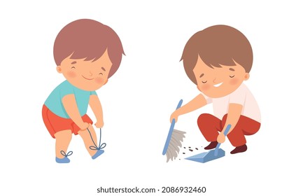 Adorable Kids Tie Shoelaces and Sweeping the Floor with Broom Vector Set