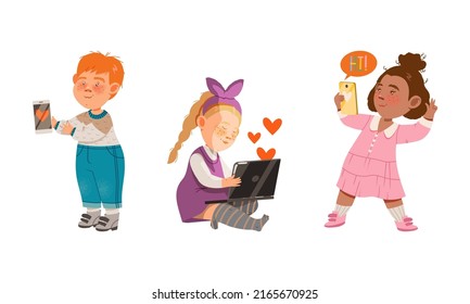 Adorable kids using modern gadgets set. Children playing game and watching video cartoon vector illustration