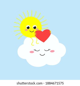 Adorable kind cartoon sun sitting on a cute pacified cloud and holding red heart in its rays. Vector flat illustration 