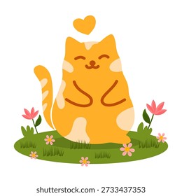 personagem gatinho adorável posando em grama verde com decoração de elementos florais rosa