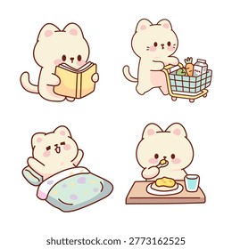 Adorable kitten character set with various activities including reading shopping for groceries waking up and having a meal. Kawaii cat stickers for daily routine and schedule.