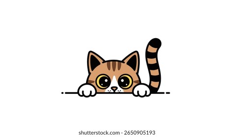 Adorable kitten peeking over edge with big round eyes and striped tail