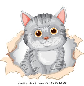Adorable kitten peeking through torn paper hole