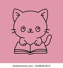 Adorável gatinho lendo livro aberto, ilustração vetor de desenhos animados kawaii para crianças e amantes de livros