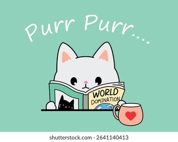 Adorable kitten reading, vector illustration for girls, sticker, poster, t-shirts