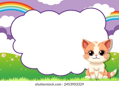 Adorable kitten sitting in a vibrant, grassy field.