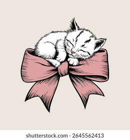 Adorável gatinho que dorme pacificamente em um arco de fita rosa decorativo