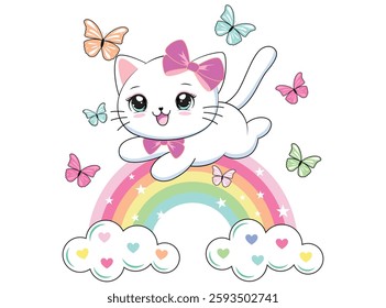 Adorable kitten surrounded by butterflies on a rainbow