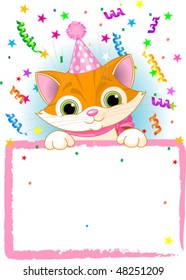 Adorable Kitten Wearing A Party Hat, Looking Over A Blank Starry Sign With Colorful Confetti