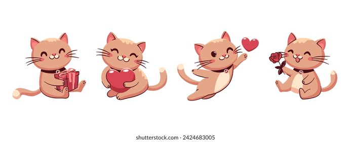 Adorable kittens with hearts, a rose and a gift for Valentine's Day. Elements for use on greetings cards, posters, wishes, tags and more