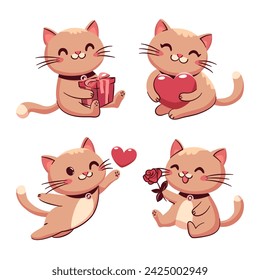 Adorable kittens with hearts, a rose and a gift for Valentine's Day. Elements for use on greetings cards, posters, wishes, tags and more