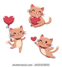 Adorable kittens with hearts, a rose and a gift for Valentine's Day. Elements for use on greetings cards, posters, wishes, tags and more.