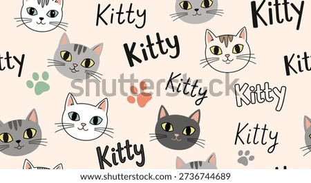 Adorable kitty cat faces and text pattern with pastel paw prints on a light peach background, perfect for pet lovers and kids.