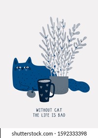 Adorable kitty with cup of tea and flower. Funny cat pet isolated on white background. Cute domestic animal. Colorful vector illustration in flat cartoon style. Ideal for card, poster, print, textile
