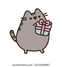 Adorable gatito sosteniendo una caja de regalo con un arco, irradiando encanto y felicidad! Diseños perfectos para celebrar ocasiones especiales, sorpresas y momentos festivos