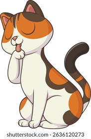 Adorável gatinho lamber sua ilustração vetor de pata