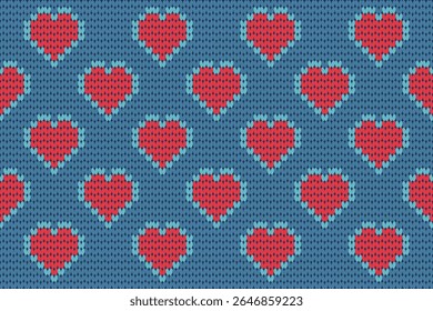 Adorable knitted pattern with bright red pixel-style hearts on a cozy blue background. Perfect for Valentine’s Day, romantic crafts, sweater designs, kids’ clothing, and love-themed digital projects.