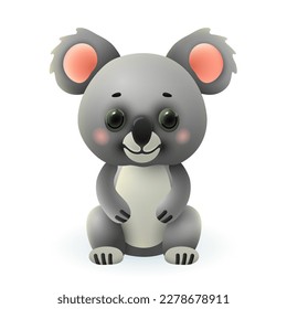 Adorable koala 3d illustration. Cute little animal from wild forest in cartoon style isolated on white background. Animal, nature, wildlife concept