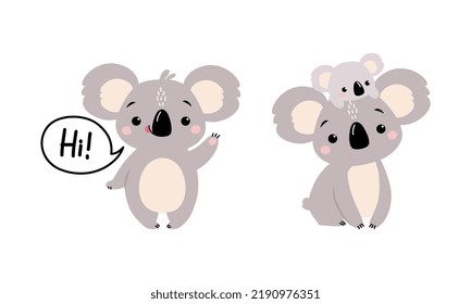 Adorable Koala Arboreal Australian Animal with Round Ears Saying Hi Waving Paw and Carrying Baby Vector Set