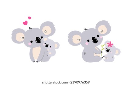 Adorable Koala Arboreal Australian Animal with Round Ears and Little Baby Cub Vector Set