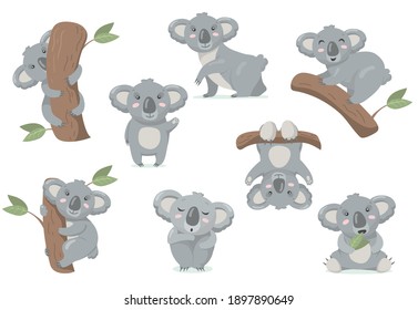 Adorable koala baby flat set for web design. Cartoon cute Australian bear standing, climbing tree and eating eucalyptus leaf isolated vector illustration collection. Wildlife and animals concept