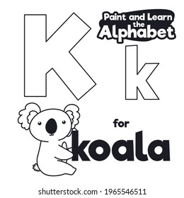 Adorable koala bear with letter 'K' in outlines and black and white style, ready to color for didactic alphabet learning.