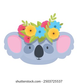 Adorable koala bear wearing a crown of colorful flowers, perfect for designs related to nature, animals, and cuteness