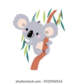 Adorable Koala Climbing the Tree, Lovely Australian Animal Cartoon Character Vector Illustration