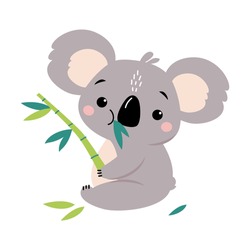 Adorable Koala Eating Eucalyptus Tree Leaves, Lovely Australian Animal Cartoon Character Vector Illustration
