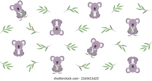 Adorable koala with eucalyptus twigs on a white. Endless texture with cute Australian animal. Vector seamless pattern for cover, wrapping paper, surface texture, nursery room and printing on clothes