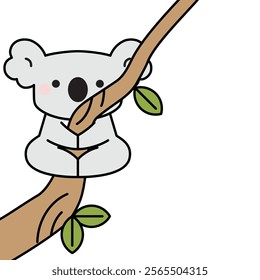 Adorable Koala Hanging on Eucalyptus Tree, Lovely Australian Animal Cartoon Character. Vector Illustration.