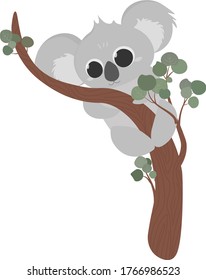 Adorable koala hangs on a branch, funny cartoon character on white background