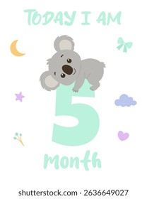 Adorable koala on a pastel milestone card for babies turning five months. Ideal for baby journals, nursery decor, or social media sharing.