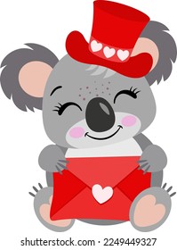 Adorable Koala mit rotem Hut, der einen Briefumschlag von Valentinstag hält
