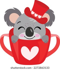 Adorable koala with red hat inside the red teacup
