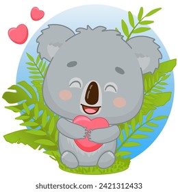 An adorable koala sits and hugs a heart under the palm trees. Koala with a heart. Koala in kawaii style. Kawaii style. Vector illustration of drawings, prints  patterns. Isolated on white background