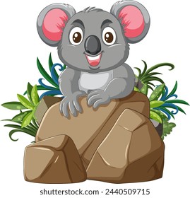 Adorable koala sitting on rocks with greenery