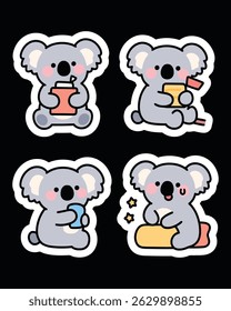 Adorable koala sticker pack in kawaii cartoon style. Perfect for journals, planners, scrapbooks, prints, emojis, and chat apps. High-resolution with transparent backgrounds.
