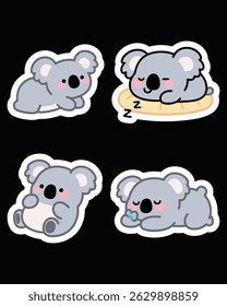 Adorable koala sticker pack in kawaii cartoon style. Perfect for journals, planners, scrapbooks, prints, emojis, and chat apps. High-resolution with transparent backgrounds.