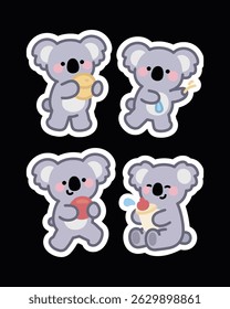 Adorable koala sticker pack in kawaii cartoon style. Perfect for journals, planners, scrapbooks, prints, emojis, and chat apps. High-resolution with transparent backgrounds.