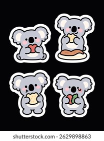 Adorable koala sticker pack in kawaii cartoon style. Perfect for journals, planners, scrapbooks, prints, emojis, and chat apps. High-resolution with transparent backgrounds.