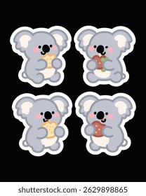 Adorable koala sticker pack in kawaii cartoon style. Perfect for journals, planners, scrapbooks, prints, emojis, and chat apps. High-resolution with transparent backgrounds.